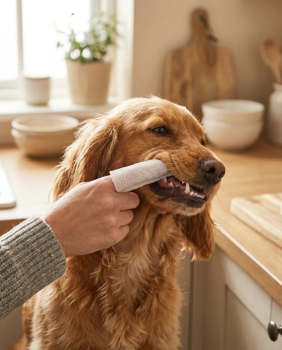The wipe being run gently along a calm golden retriever’s gum line