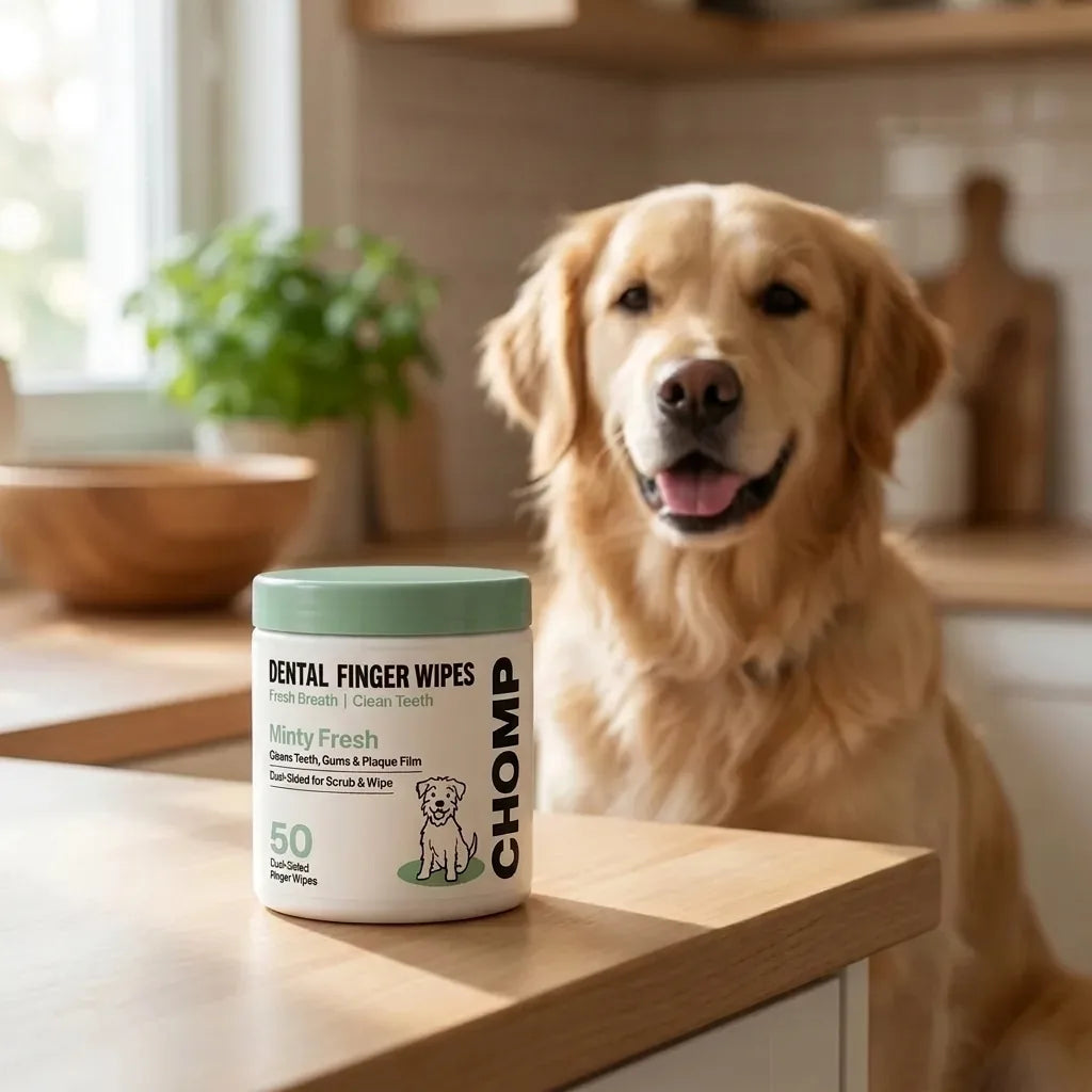 A happy golden retriever beside the CHOMP tub on a kitchen counter