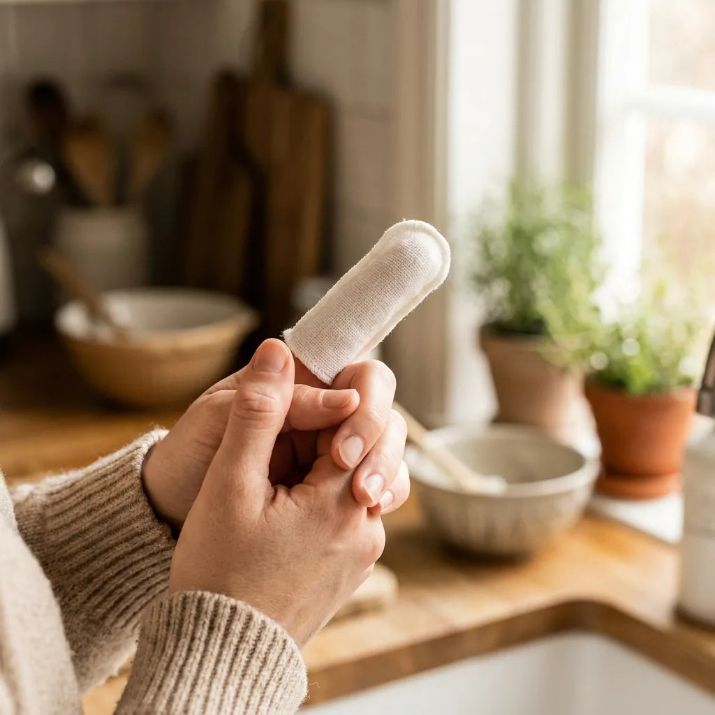 A hand wrapping a CHOMP textured finger wipe around an index finger