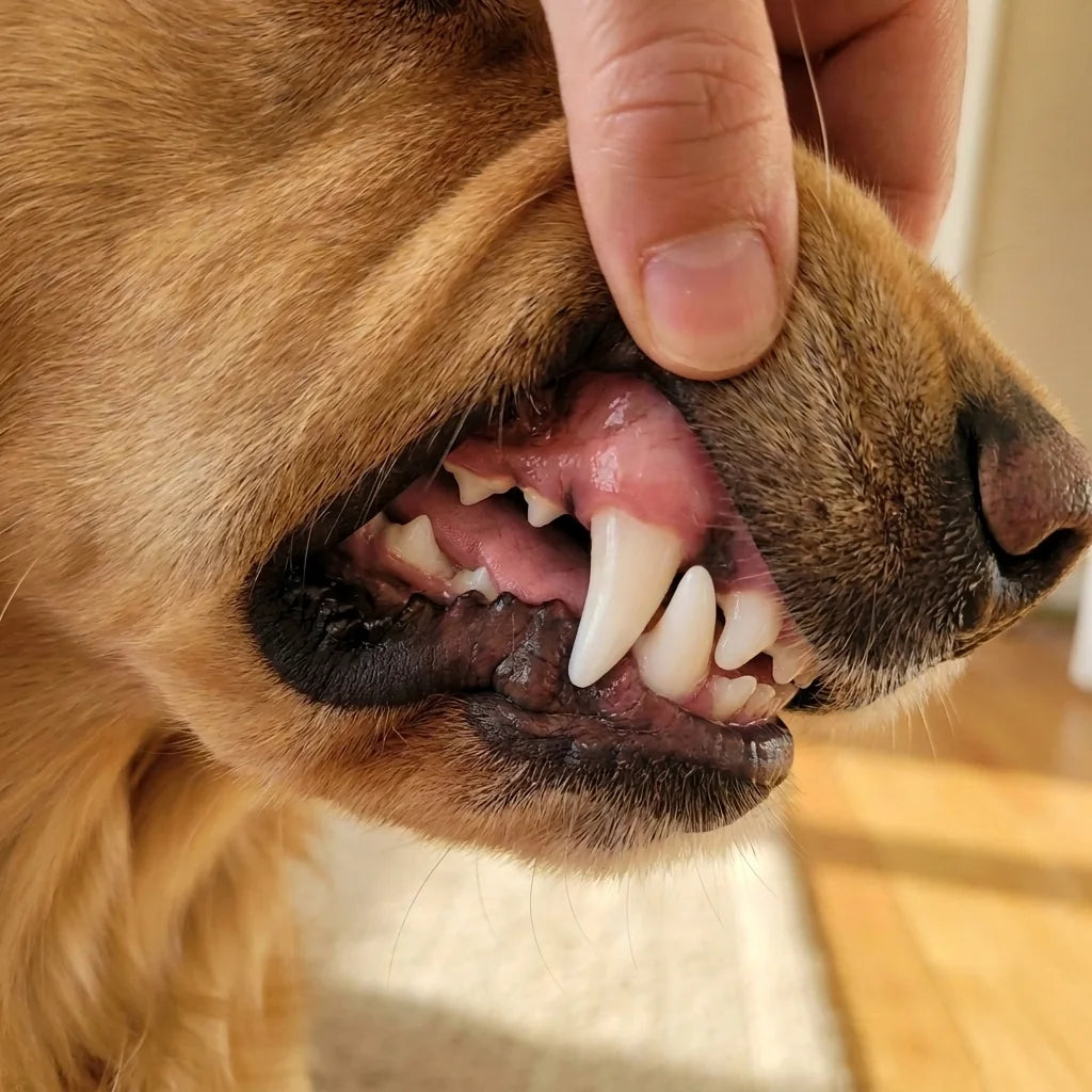 The same dog's side teeth after eight weeks of daily wiping, visibly cleaner
