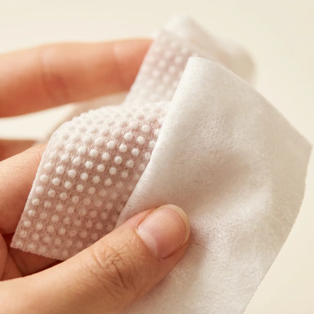 Close-up of a CHOMP wipe folded back: a raised textured grid on one side, smooth fabric on the other